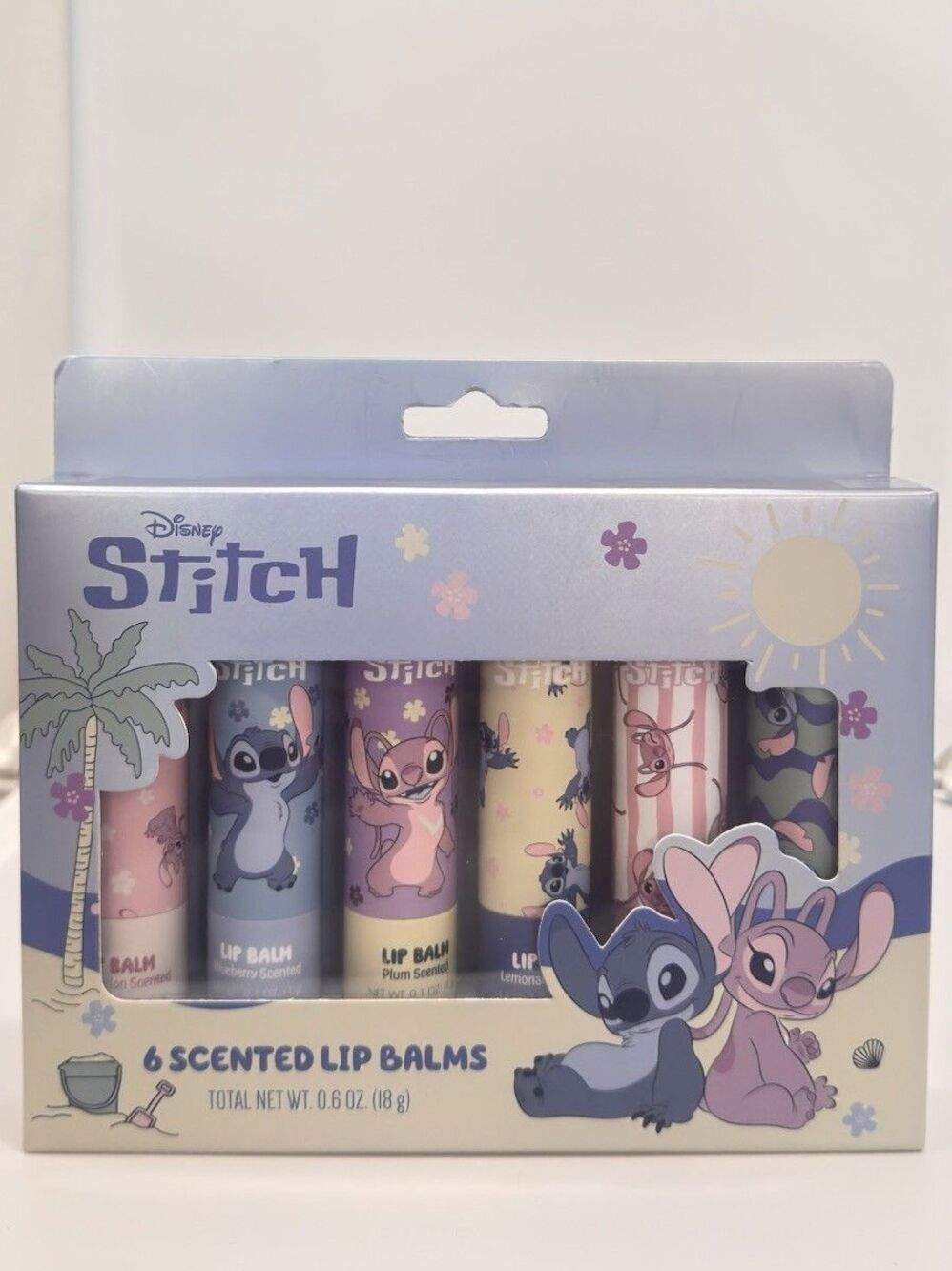 Disney Stitch Angel 6 Pc Scented Lip Balm Set Blueberry Plum Lemon Taste Beauty